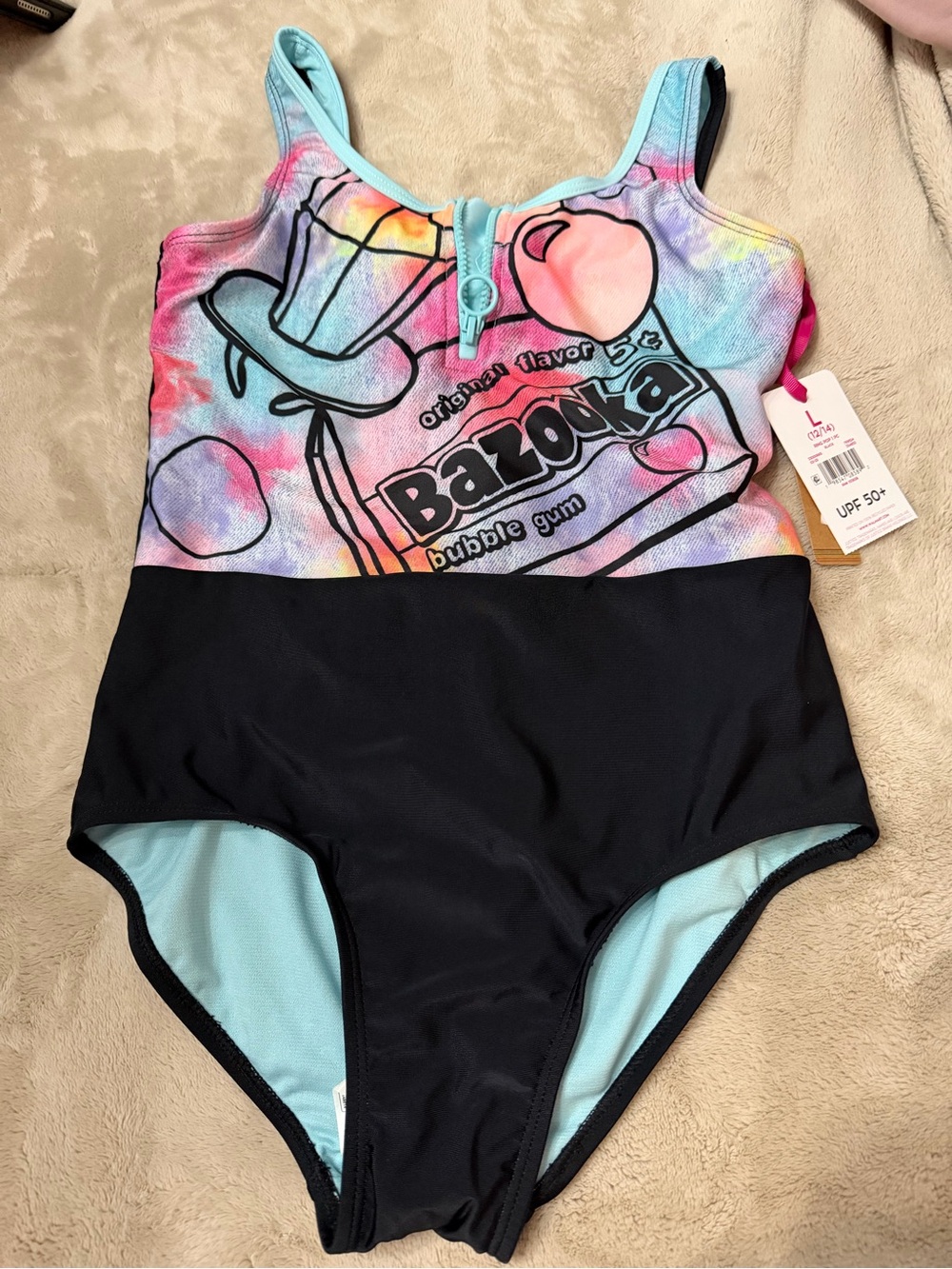 Justice Girls Tie-Dye Bubble Gum One-Piece Swimsuit - Aqua/Black/Pastel